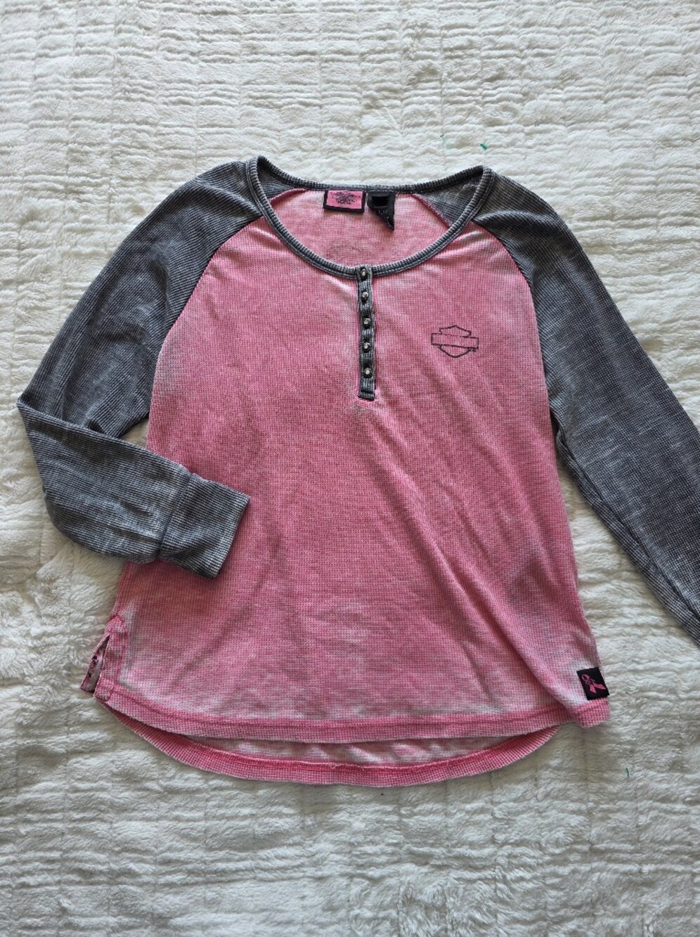 Harley-Davidson Pink and Gray Raglan Henley Waffle Knit Sweater